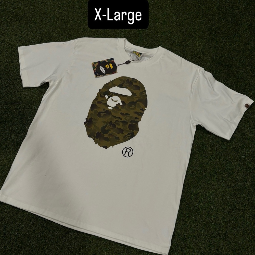 Bape White Short-Sleeve Tee with Olive Green Camo Ape Head - X-Large